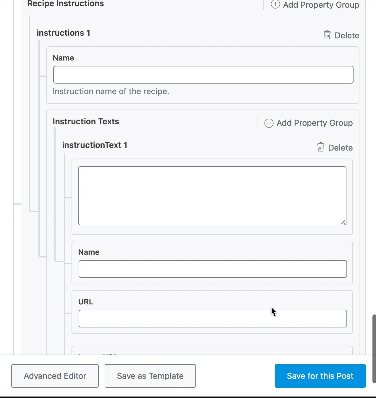 Mô tả từng bước làm trong schema Recipe