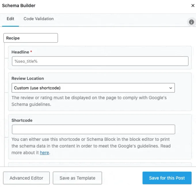 Các tùy chọn có sẵn trong schema Recipe