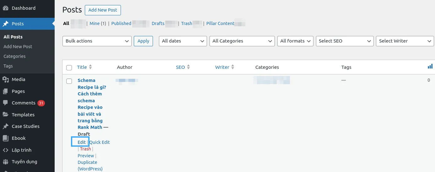 Truy cập vào bài viết hoặc trang để chỉnh sửa schema Recipe