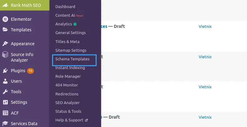 Truy cập vào Schema Template trong Rank Math Pro