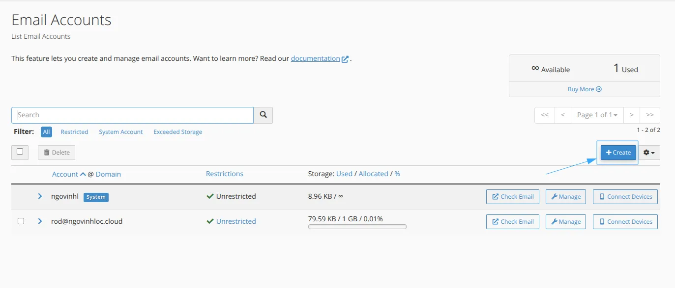 Nhấn Create để tạo Email Accounts cPanel