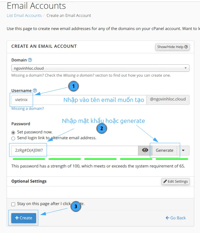 Điền thông tin để tạo Email Accounts cPanel