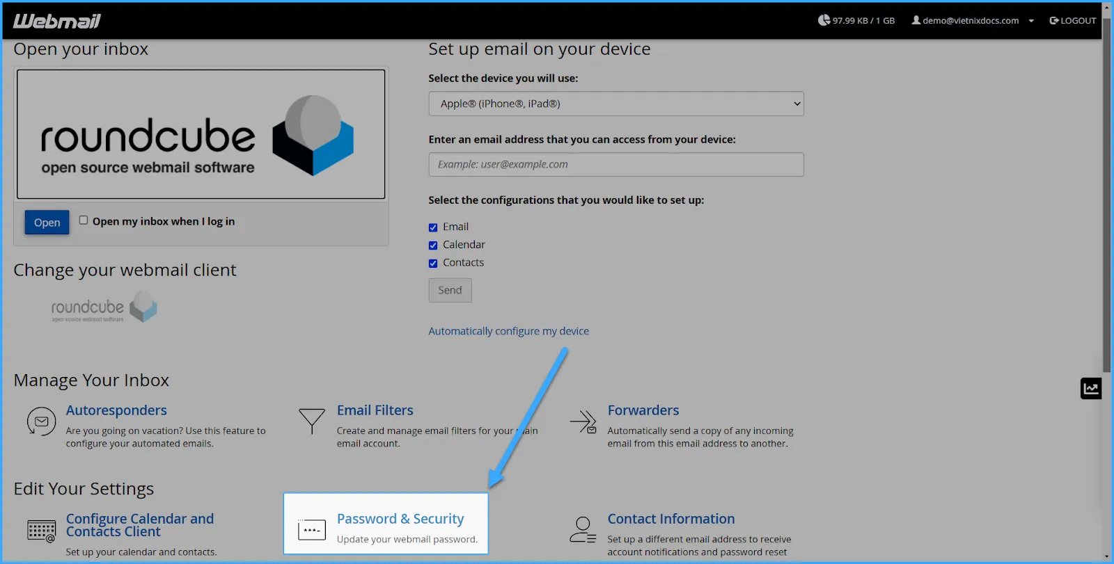 Chọn Password & Security để bắt đầu thay đổi mật khẩu trên Webmail