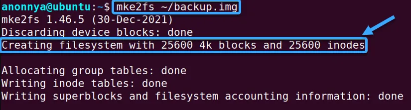 File ext2 được tạo trên file backup.img