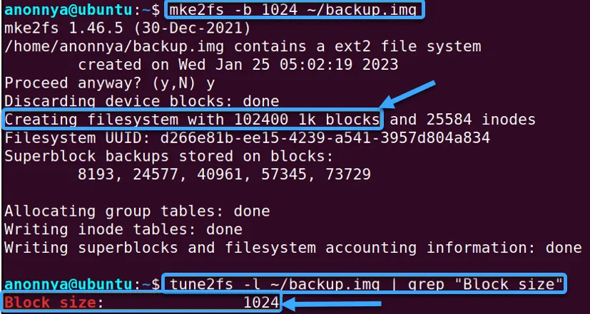Kích thước block của hệ thống file vừa tạo dược hiển thị