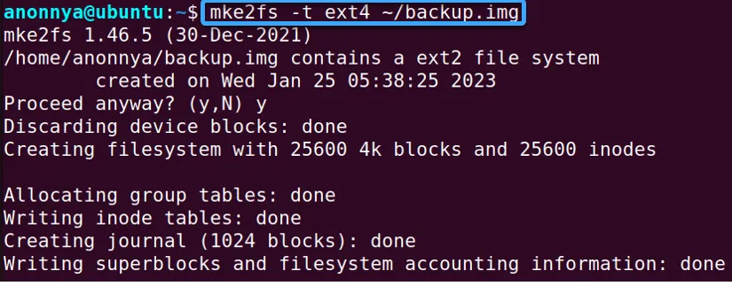 Hệ thống tạo file ext4 trên backup.img