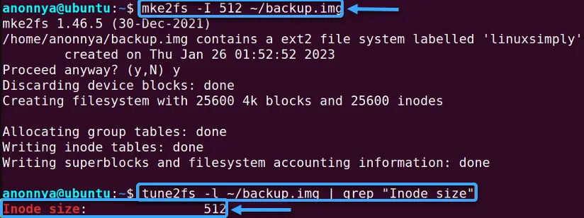 Kích thước inode là 512 byte