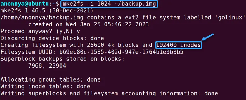 File được tạo với tỷ lệ byte/inode đã chỉ định