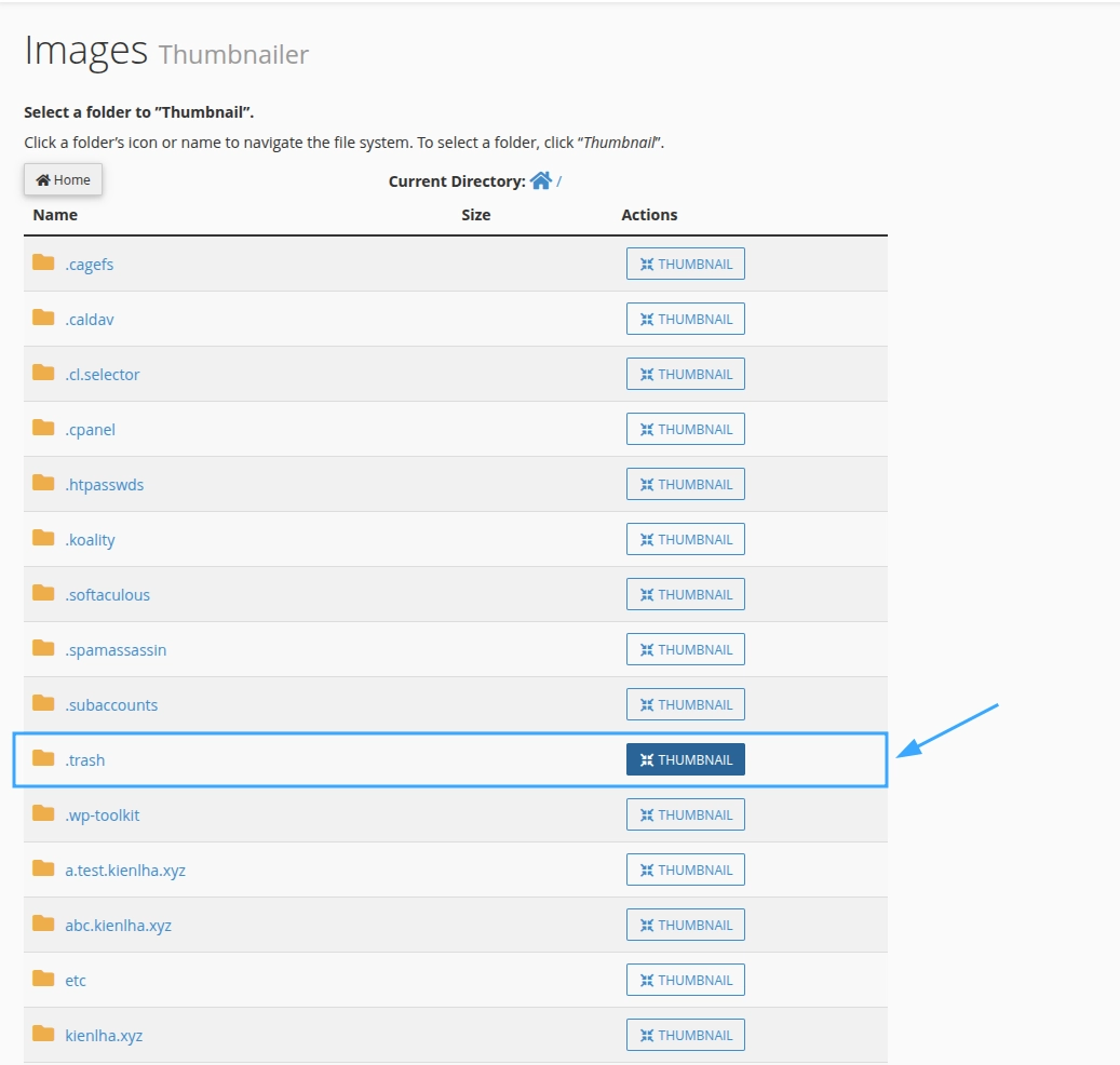 Chọn thư mục chứa hình ảnh cần tạo Thumbnail Image trên cPanel