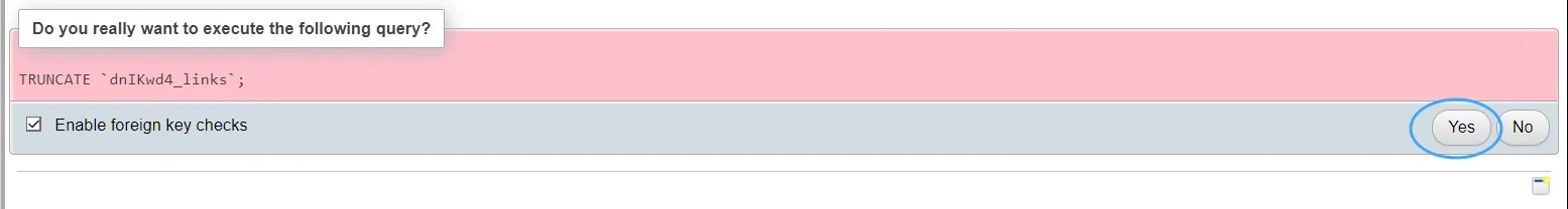 Nhấn Yes để xác nhận xóa dữ liệu table database phpMyAdmin
