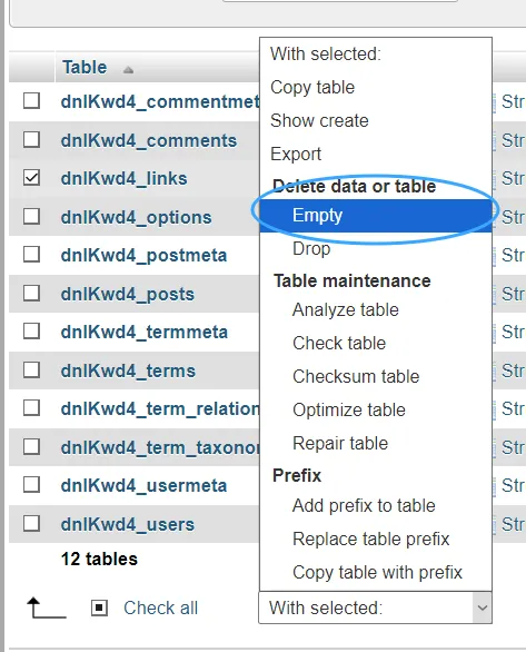 Nhấn Empty để xóa dữ liệu table database phpMyAdmin
