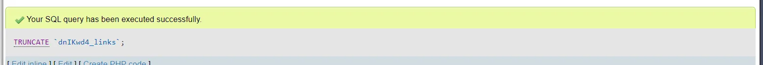 Thông báo xóa dữ liệu table database phpMyAdmin thành công