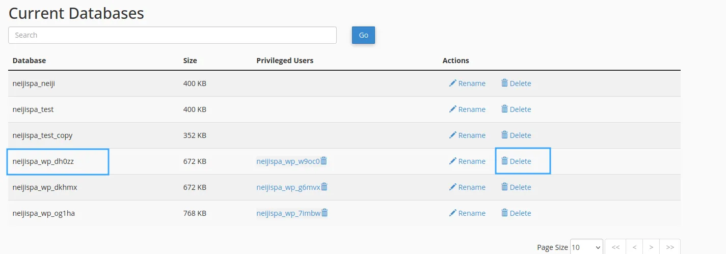 Nhấn Delete tại database cần xoá