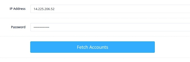 Bấm vào nút Fetch Accounts để lấy danh sách các tài khoản CyberPanel