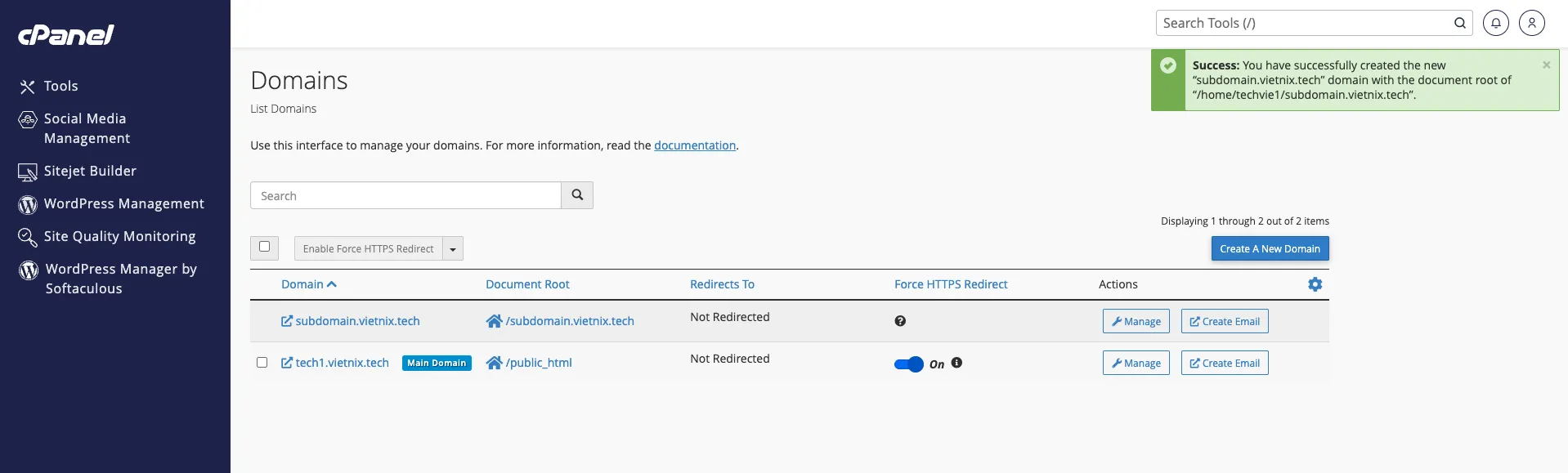 Nhấn tạo subdomain