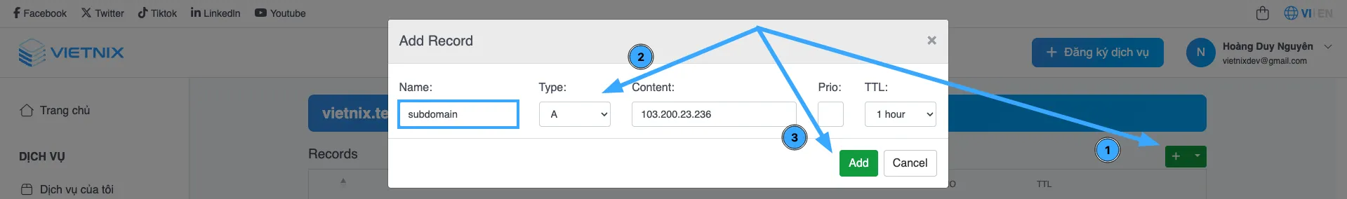 Bước 3: Thêm bản ghi DNS cho Subdomain