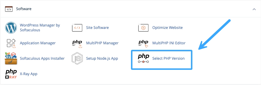 Chọn Select PHP Version