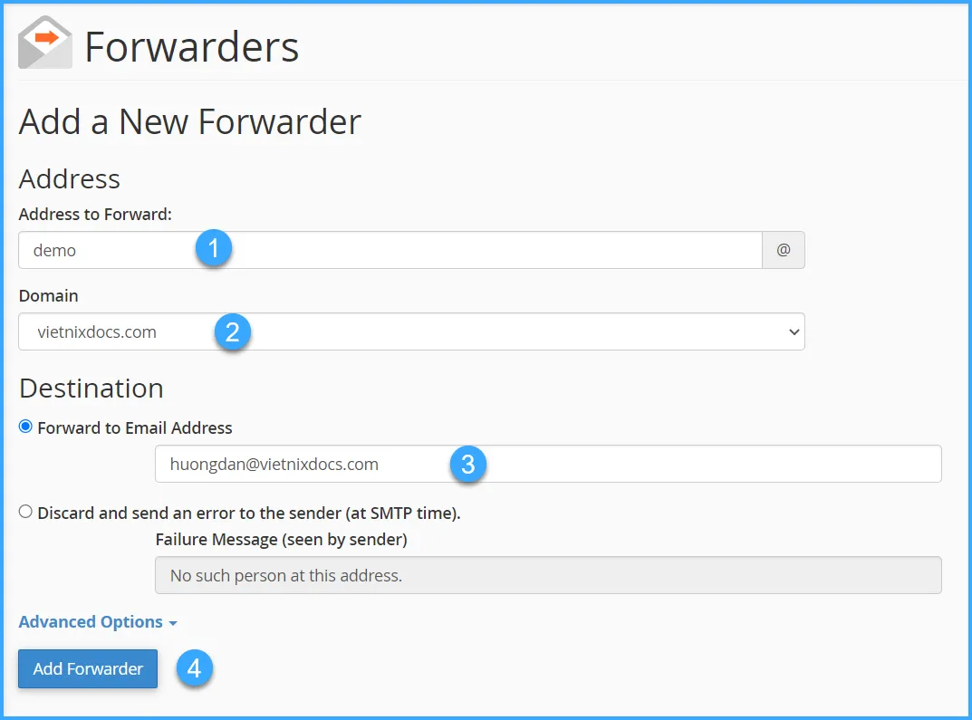 Điền các thông tin để cấu hình Email Forwarders trên cPanel