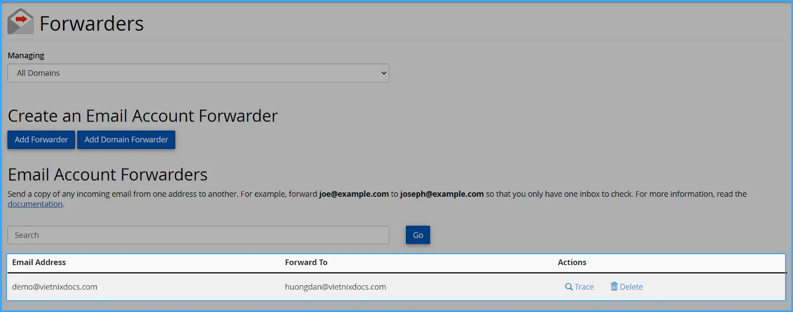 Danh sách Email Forwarders đã tạo