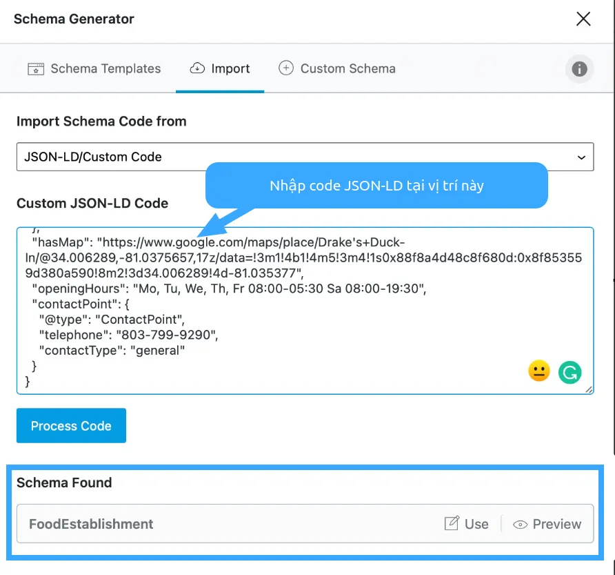 Nhập code JSON-LD/Custom