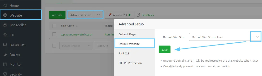 Quay lại mục Website và chọn Default Website