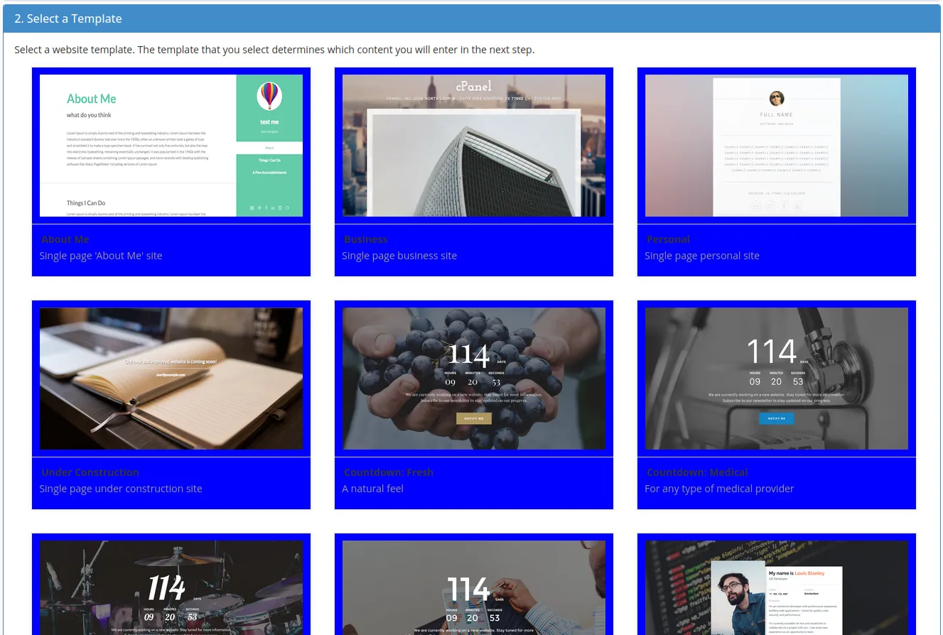 Chọn mẫu template phù hợp tạo trang web với Site Publisher trên cPanel