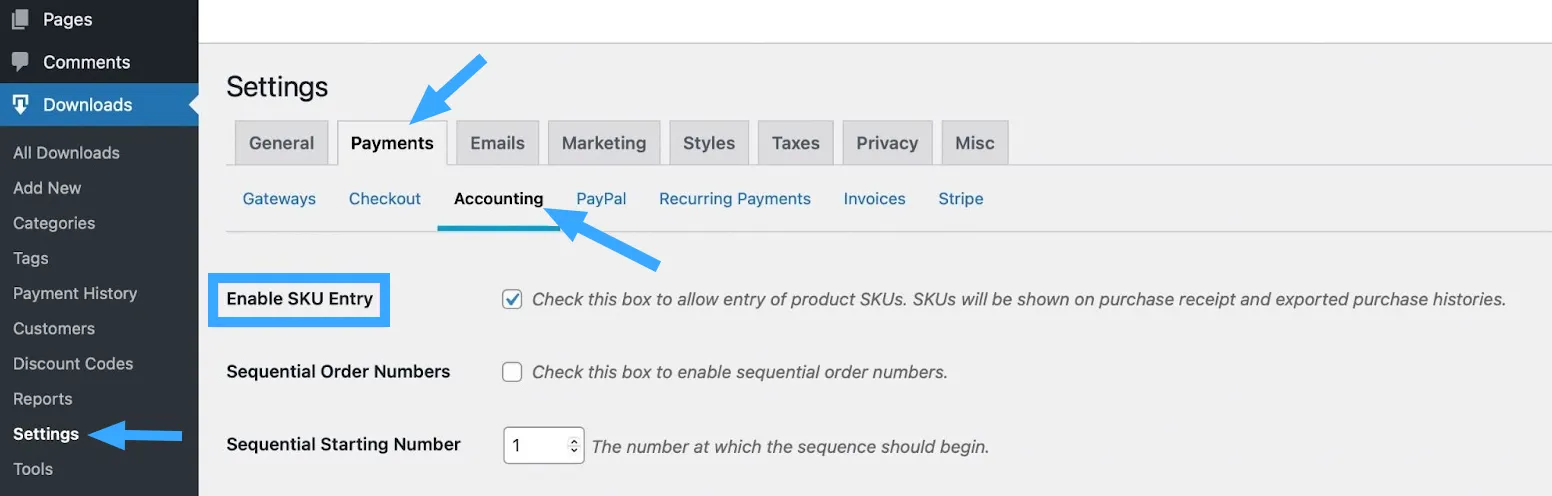 Kích hoạt mục Enable SKU Entry