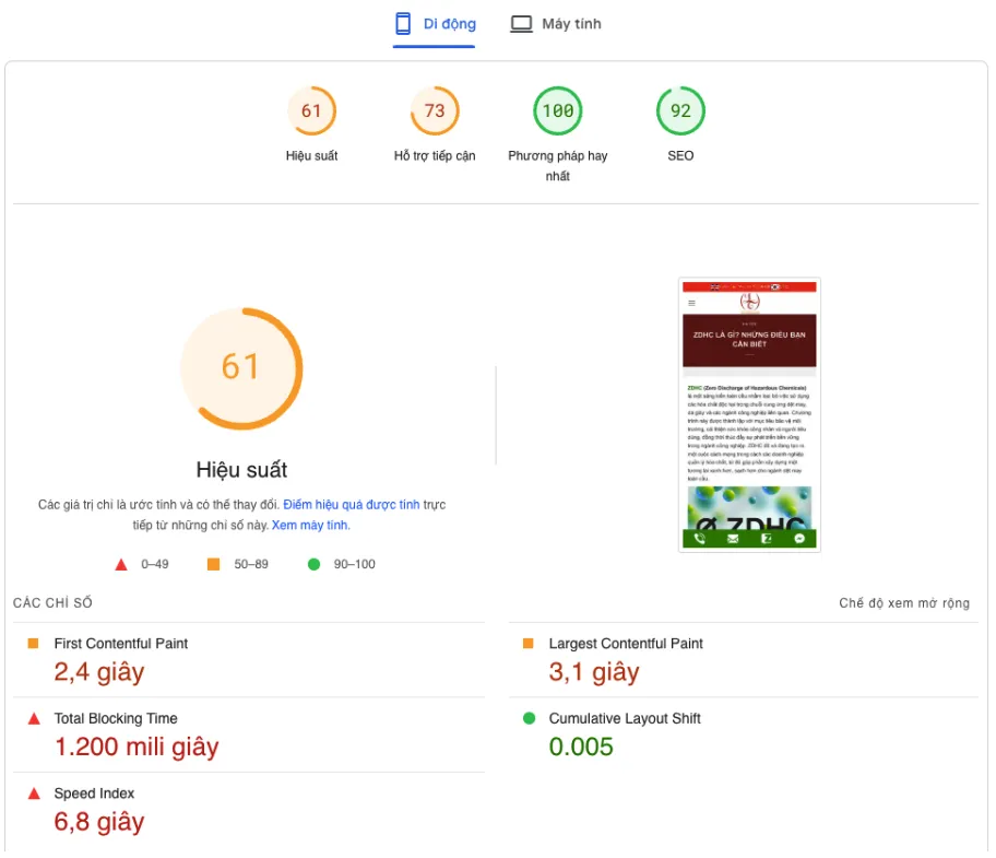 Điểm đo trên mobile của trang bài viết chi tiết cũng không cao