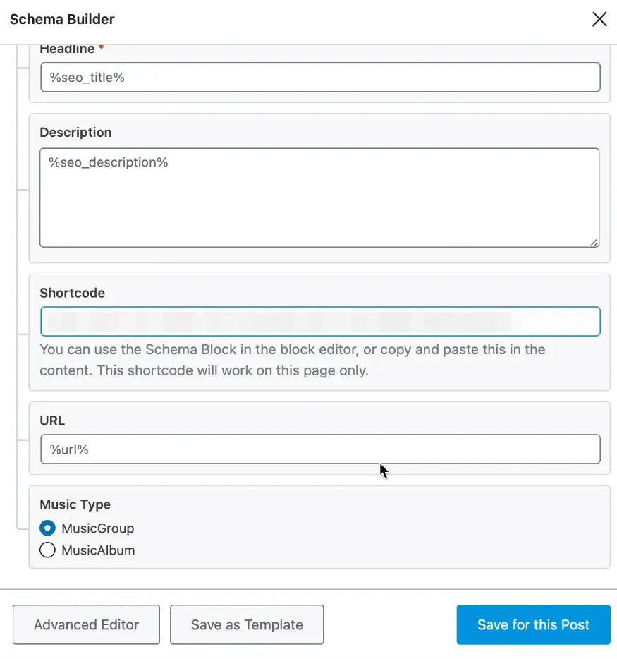 Các thông tin cần điền trong Schema Builder