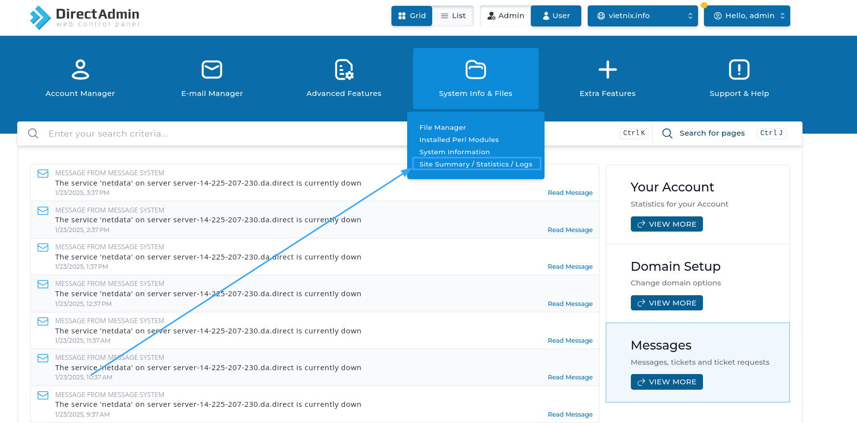 Bước 2: kiểm tra Bandwidth và Disk Space trên DirectAdmin