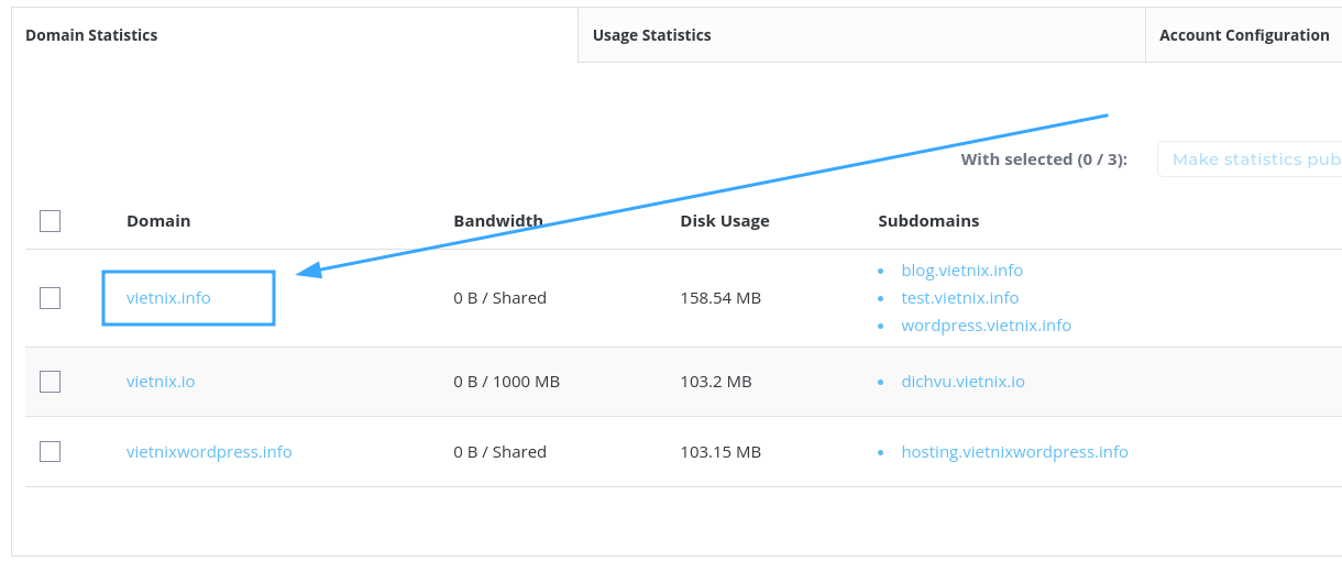 chọn domain để kiểm tra Bandwidth và Disk Space