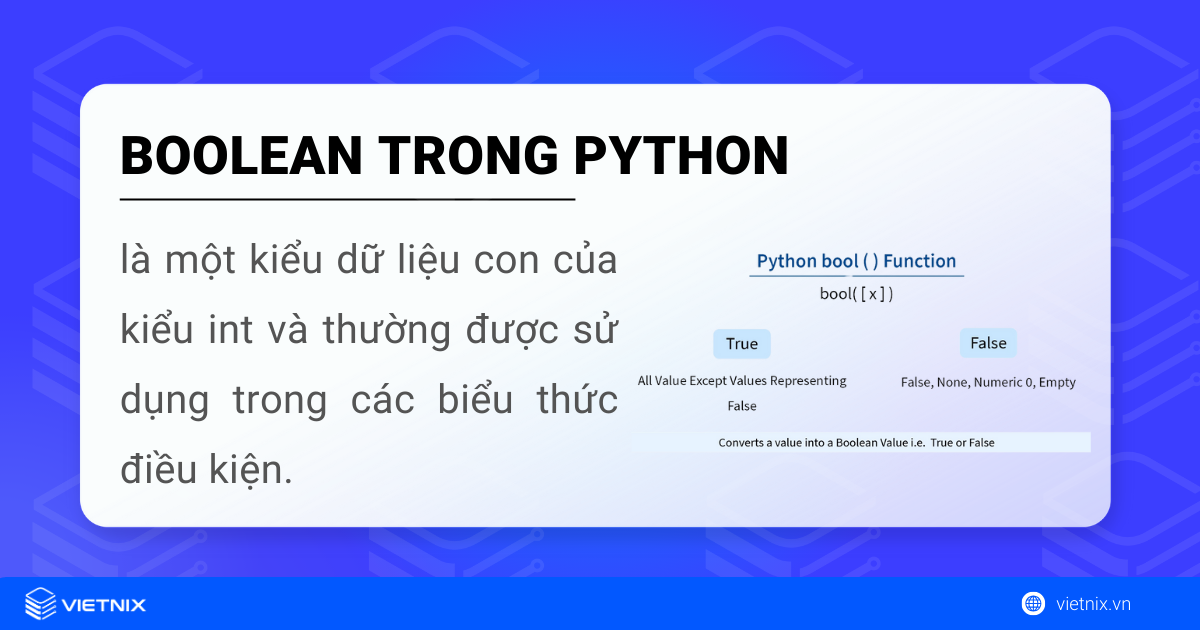 Tìm hiểu về kiểu dữ liệu Boolean trong Python 5 Kiểu dữ liệu Boolean trong Python thường được sử dụng trong các biểu thức điều kiện đúng sai