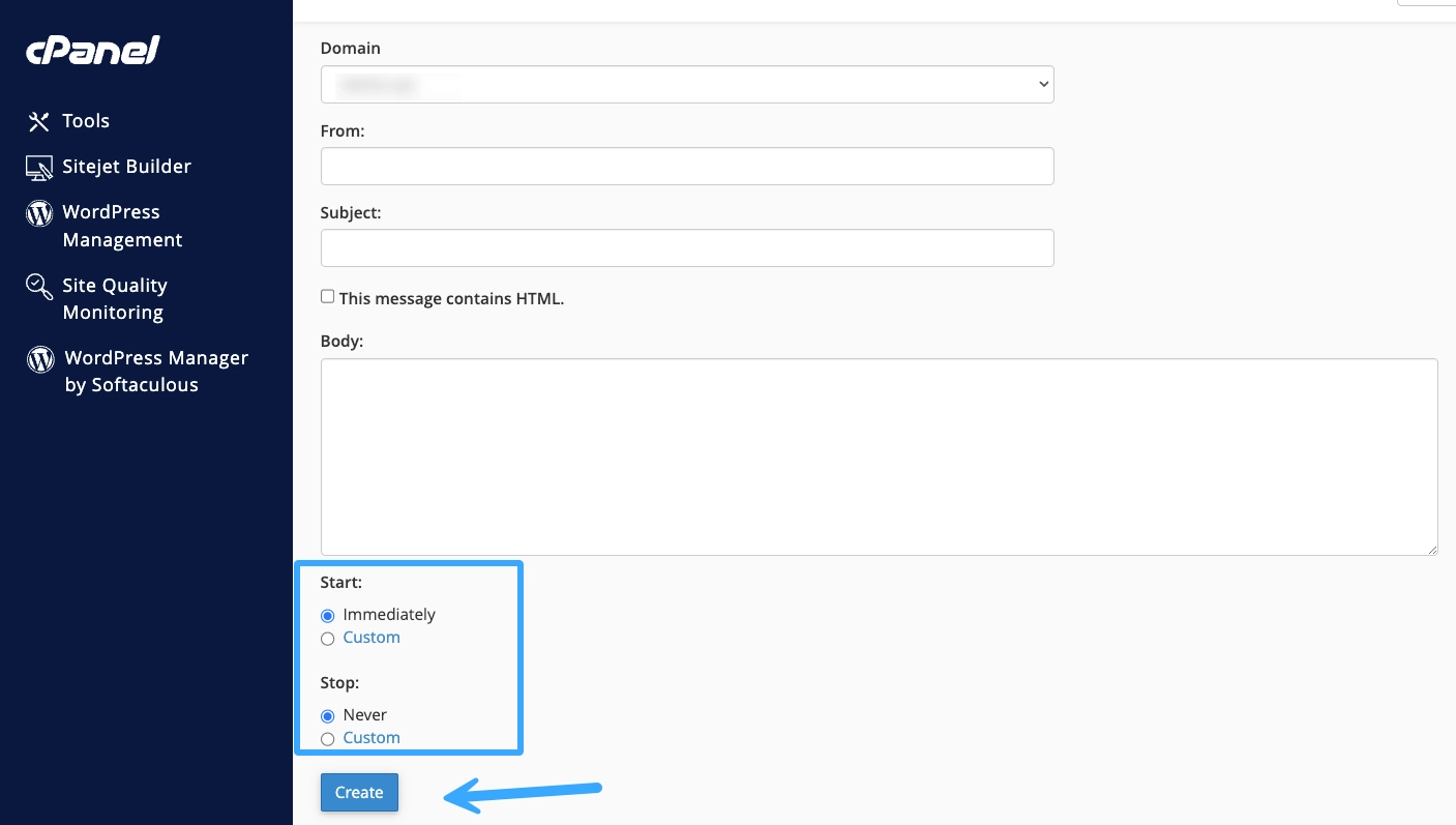 Lên lịch cho email trả lời tự động và nhấn Create