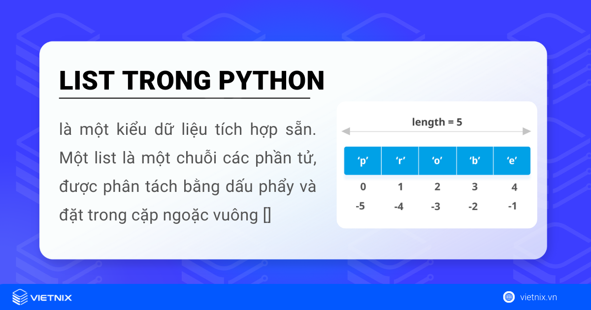 List trong Python là gì? Tìm hiểu một số thao tác với list 5 List trong Python là một chuỗi các phần tử được phân tách bằng dầu phẩy và đặt trong dấu ngoặc vuông