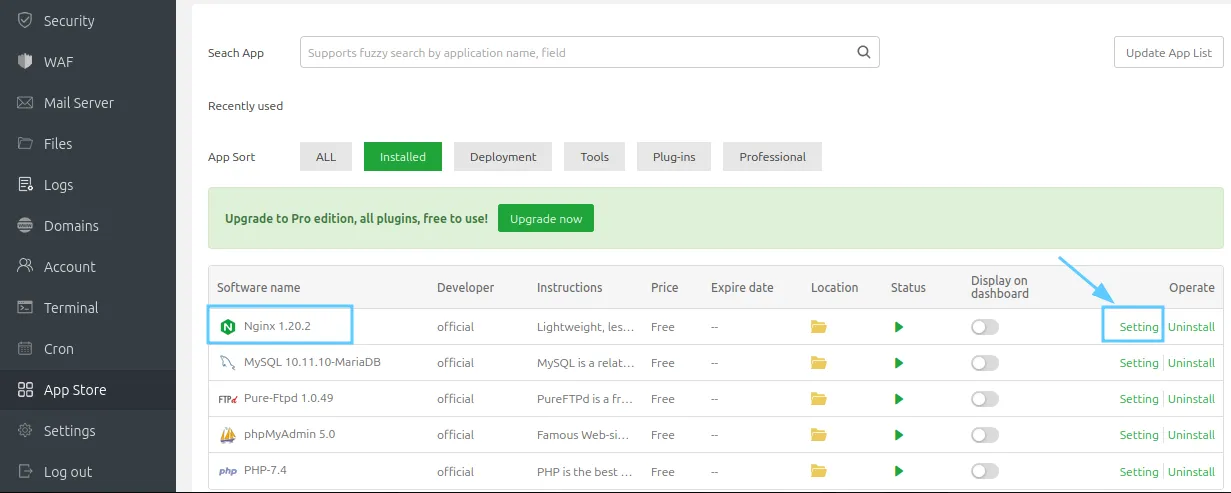 Mở cài đặt của Nginx
