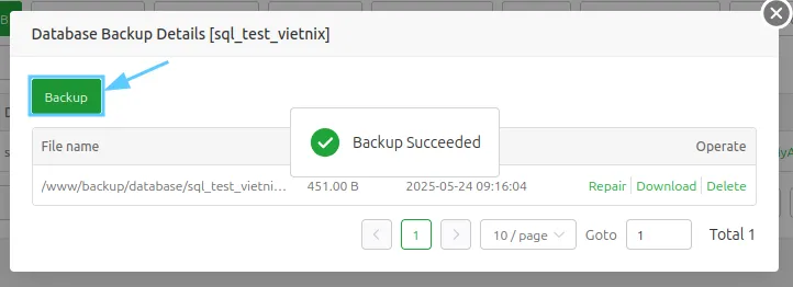Nhấn Backup