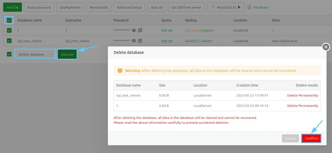Xác nhân xoá database