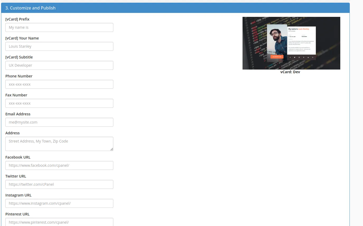 Bạn có thể điền thêm thông tin cá nhân khi tạo trang web với Site Publisher trên cPanel