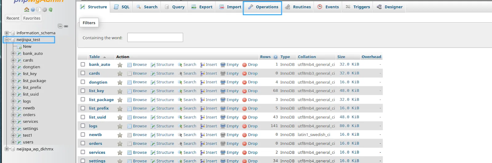 Chọn database và nhấn Operations