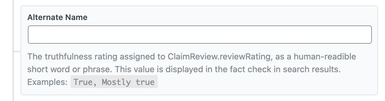 Tùy chọn Alternate name trong Schema Fact Check