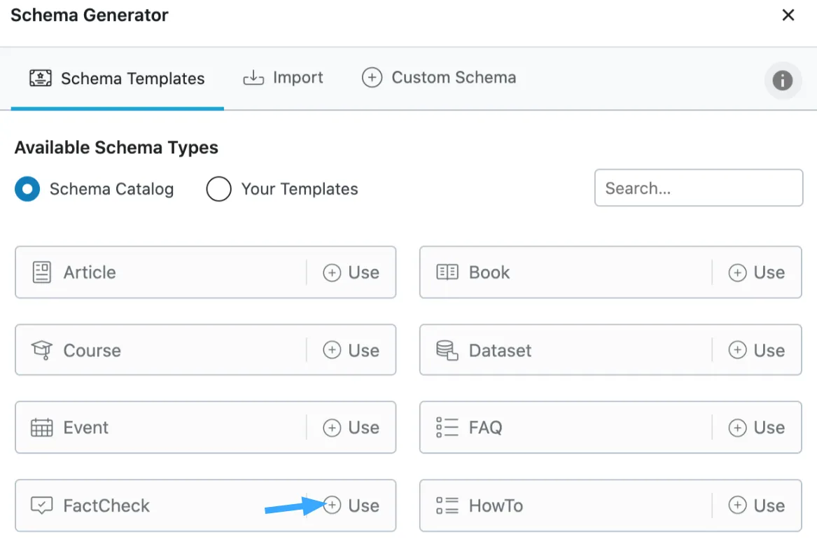 Nhấp Use tại FactCheck trong Schema Generator
