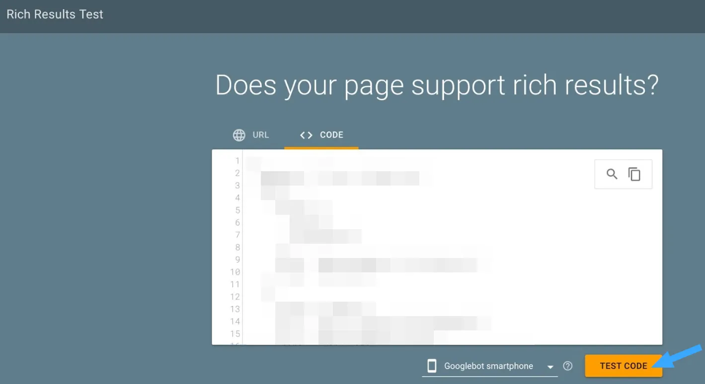 Nhấn vào TEST CODE để Google đánh giá schema
