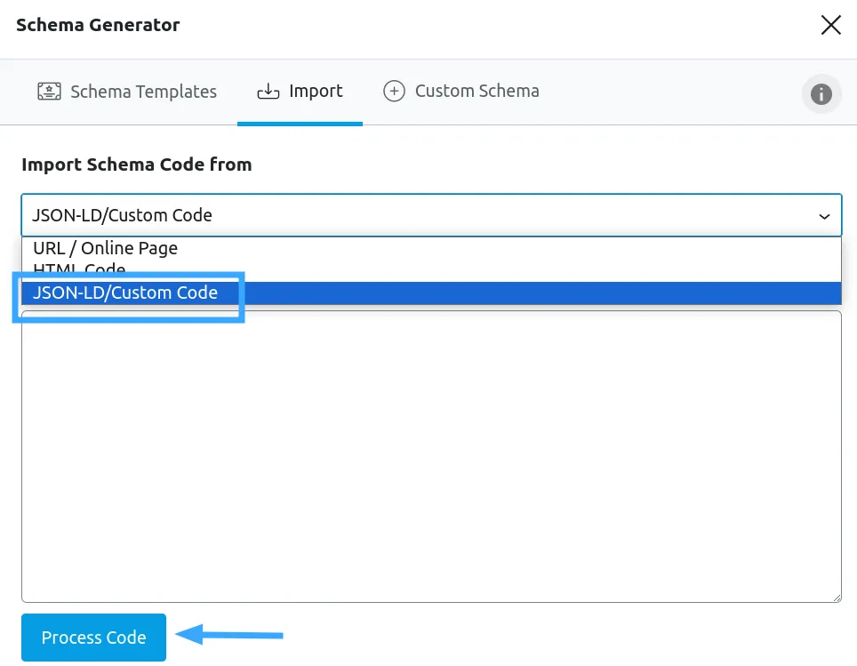 Chọn JSON-LD/Custom Code trong Import tab
