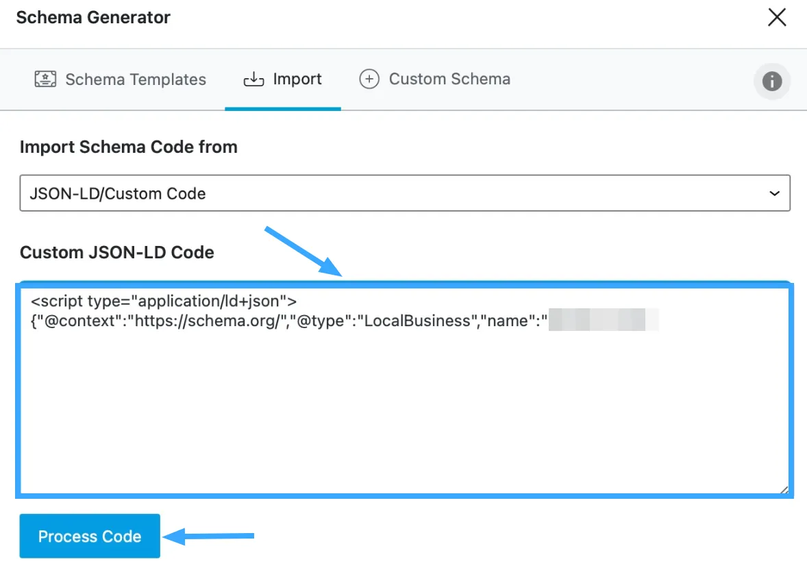 Paste JSON-LD Custom Code vào khung tương ứng và click vào Process Code
