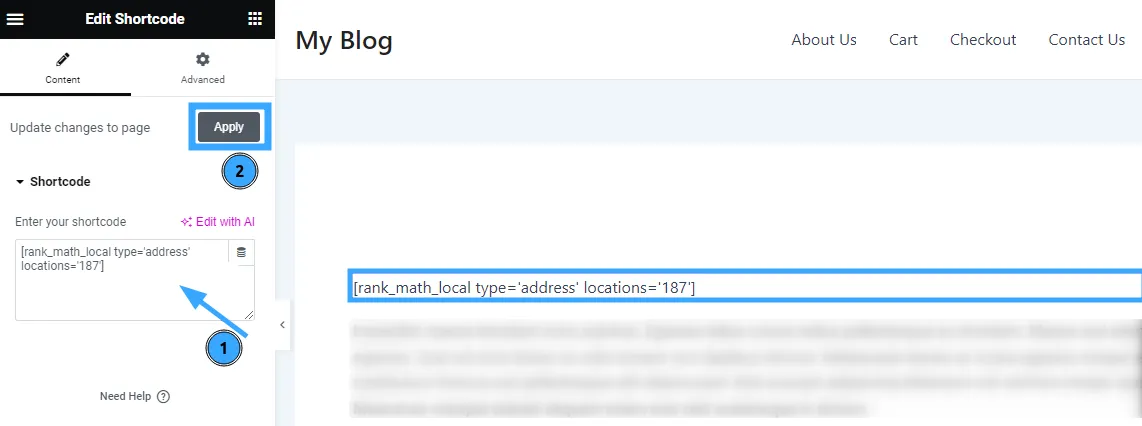 Sao chép và dán shortcode đã chỉnh sửa này vào trường tiện ích Shortcode Elementor
