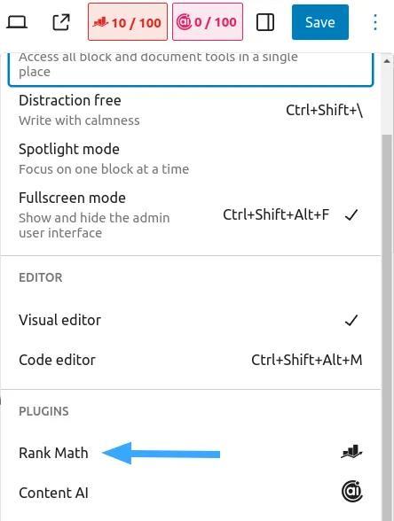 Truy cập Rank Math trong sidebar Gutenberg