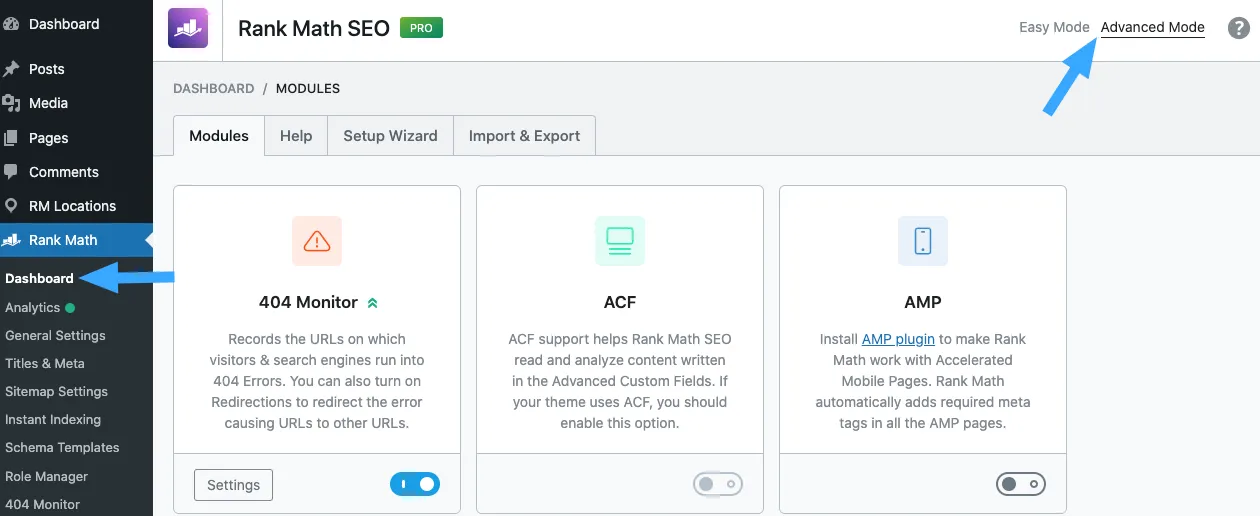 Bật chế độ Advanced của Rank Math