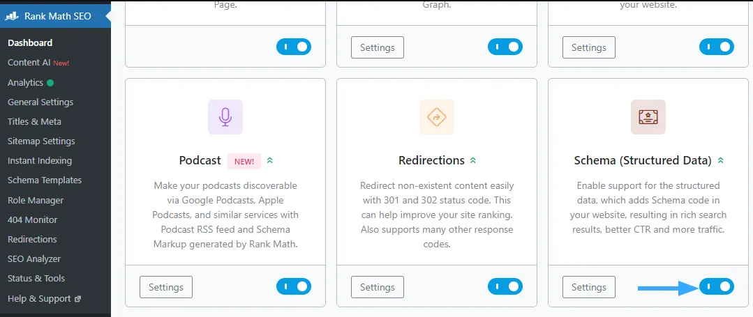 Bật module schema trong Rank Math