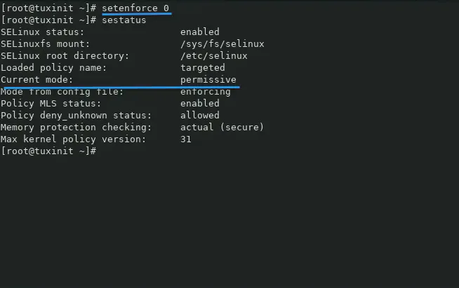 Vô hiệu hóa tạm thời SELinux