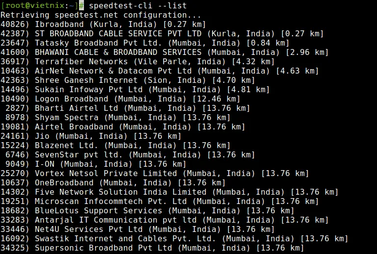 Các server của speedtest đã được liệt kê